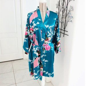 Anntourage Satin Turquoise Kimono Robe L / XL